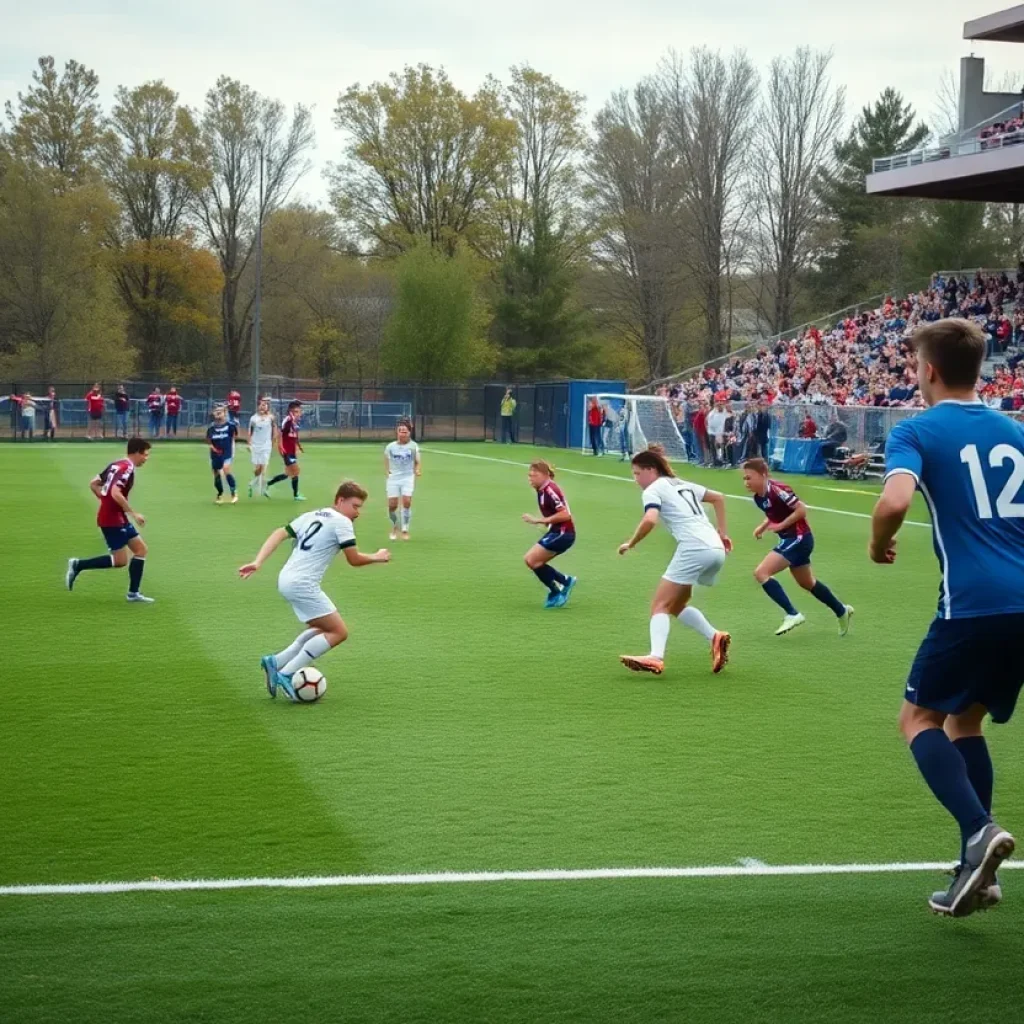 High school soccer players in action on the field during a vibrant match.