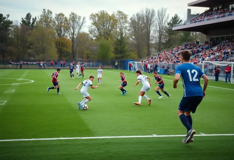 High school soccer players in action on the field during a vibrant match.