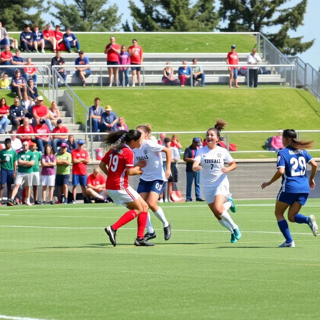 Exciting high school soccer match in Bend with players in action.
