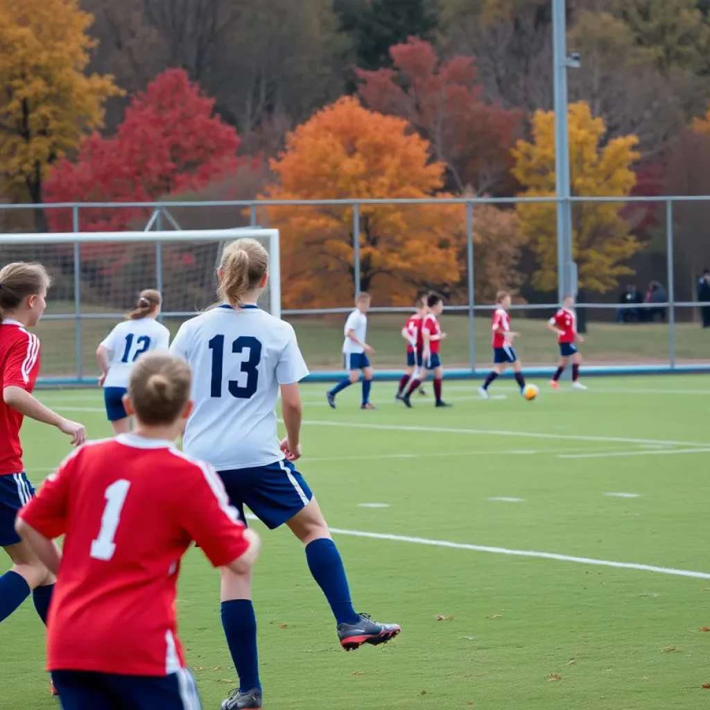 High school soccer players in action on the field during fall season.