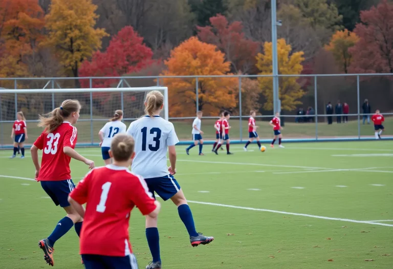 High school soccer players in action on the field during fall season.