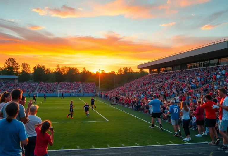 Fans cheering at a high school soccer match with vibrant team colors