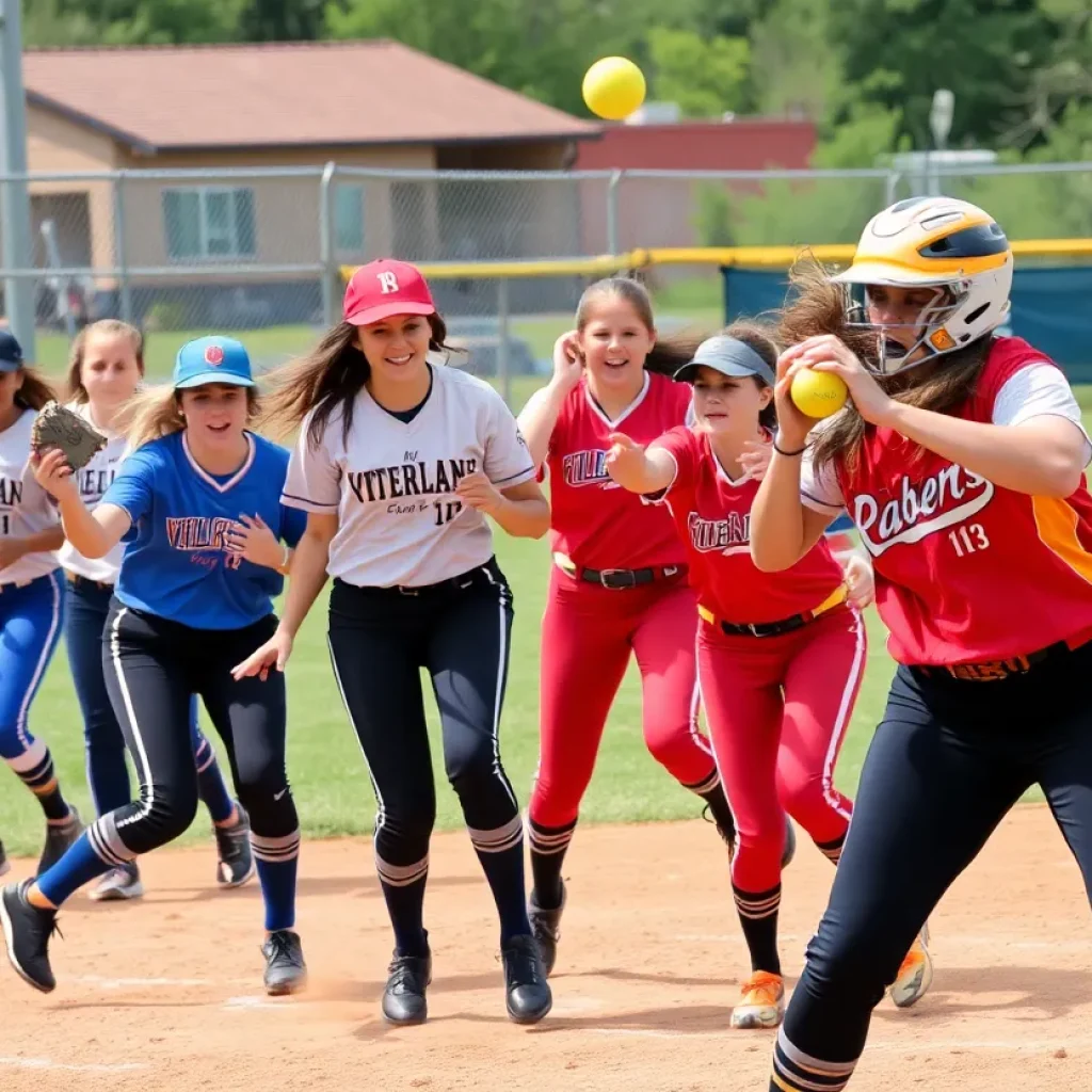 High school softball players in action on the field