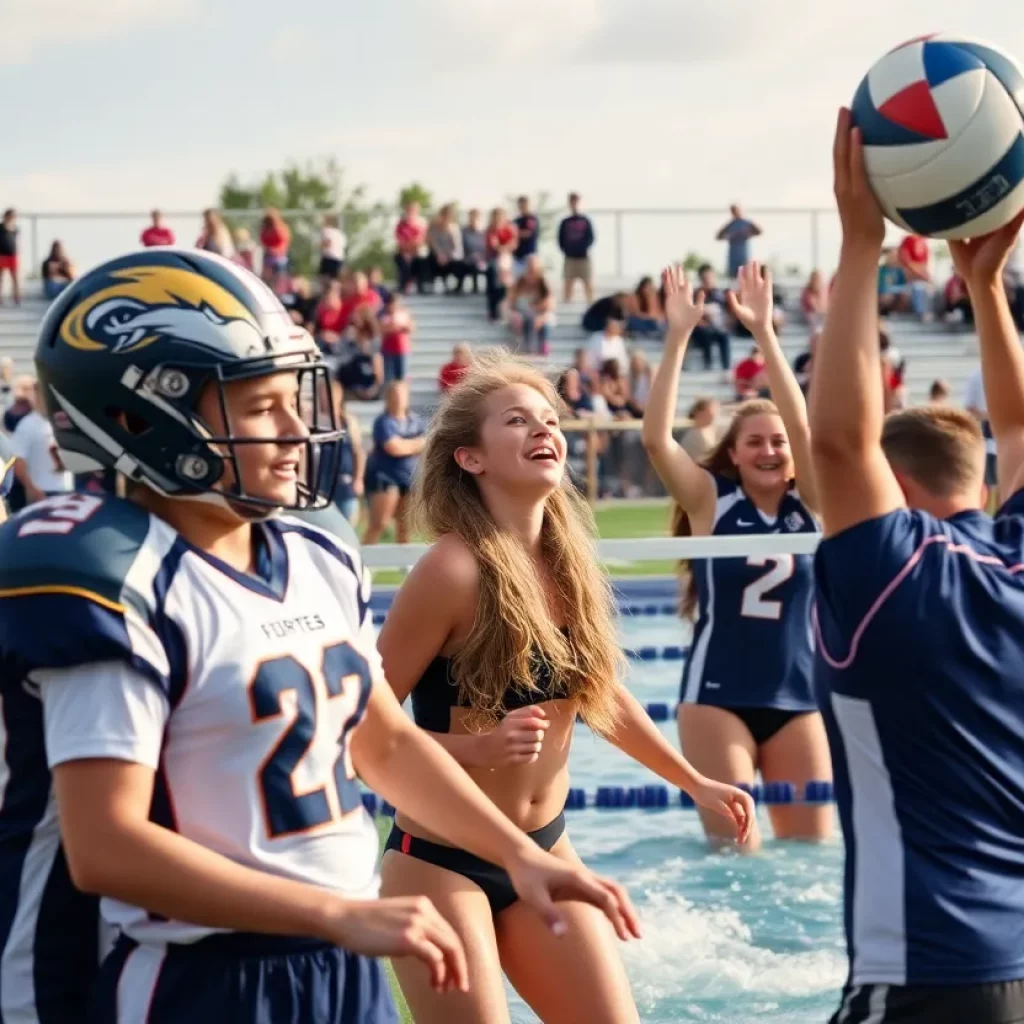High school athletes competing in football, volleyball, and swimming