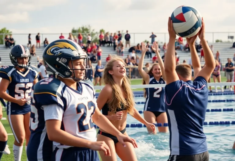 High school athletes competing in football, volleyball, and swimming