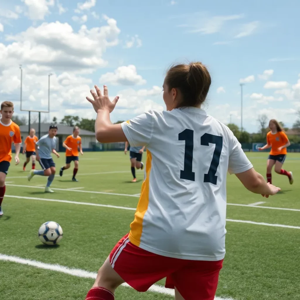 Vibrant moment in high school soccer game showcasing teamwork and athleticism.