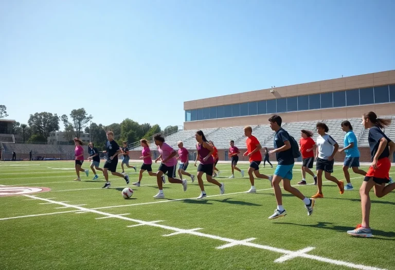 Diverse group of high school athletes practicing on a sports field