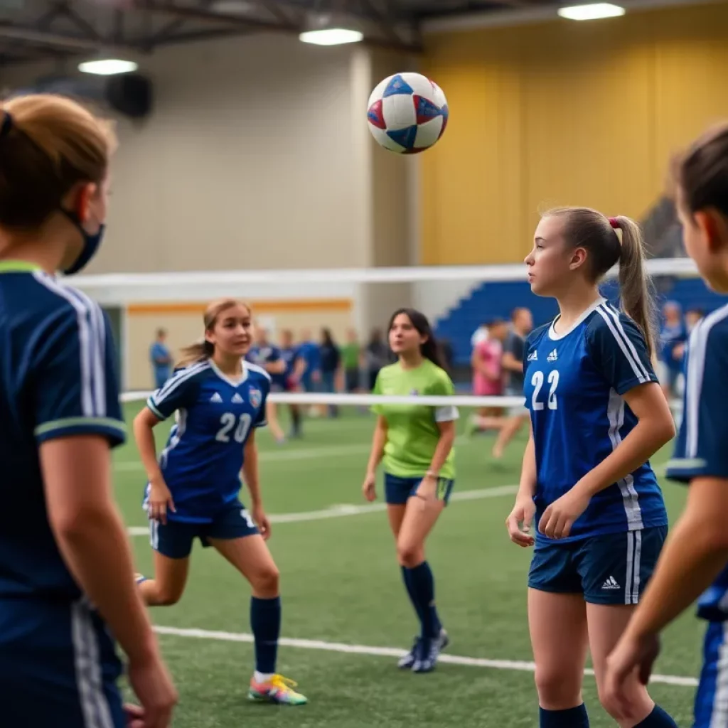 Players engaged in a high school soccer match and volleyball game