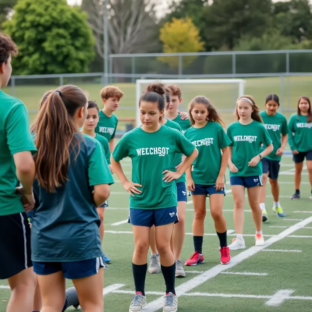 A diverse group of high school student-athletes practicing on a sports field.