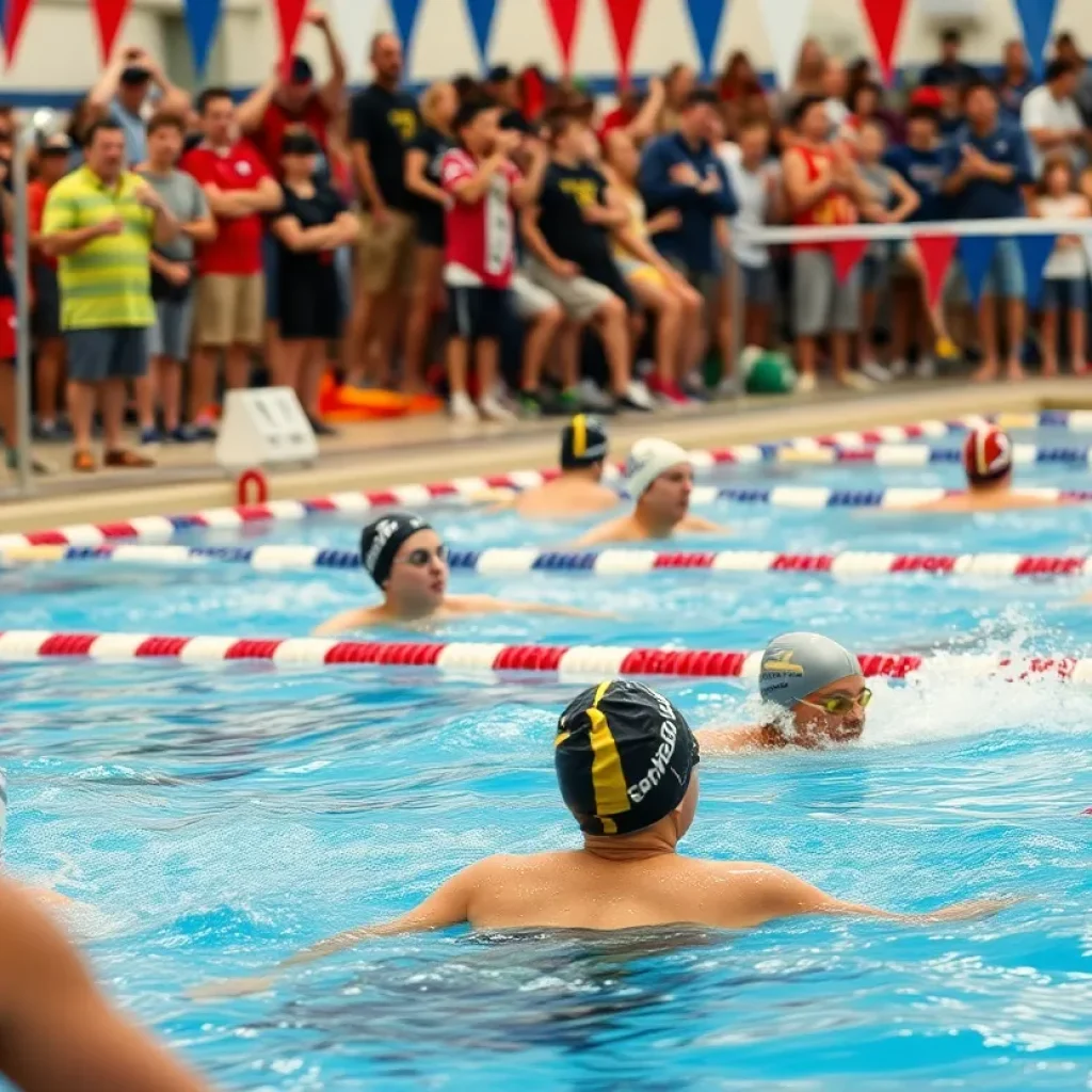 Swimmers competing in a high school swim meet at a pool