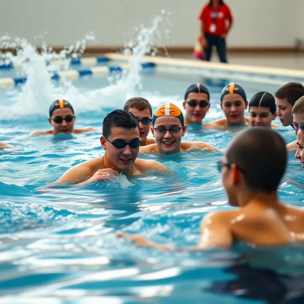 A group of high school swimmers training in a pool