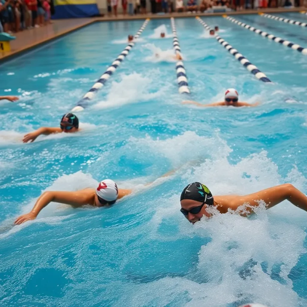 Swimmers racing in a high school swim meet