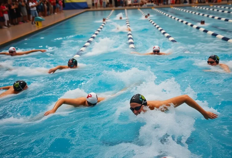 Swimmers racing in a high school swim meet