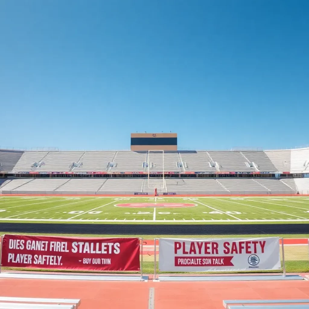 Empty football field at Highland High School promoting player safety.