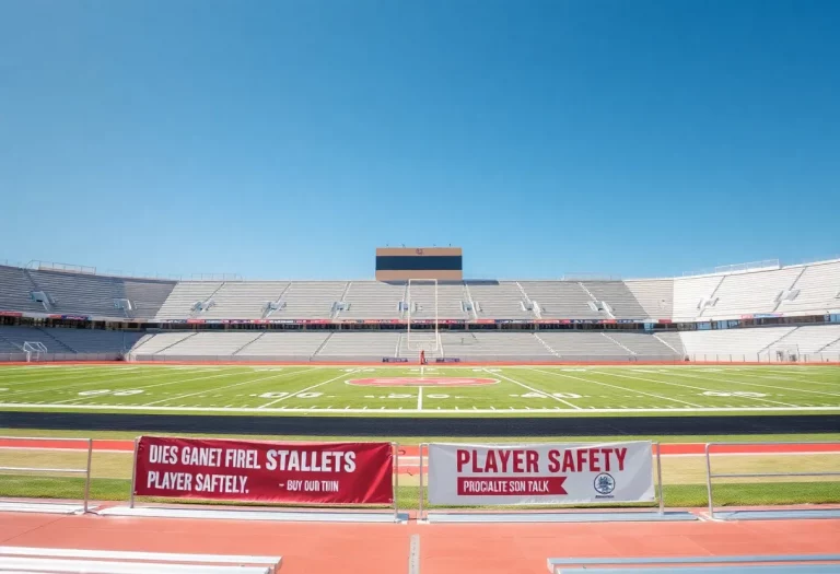 Empty football field at Highland High School promoting player safety.