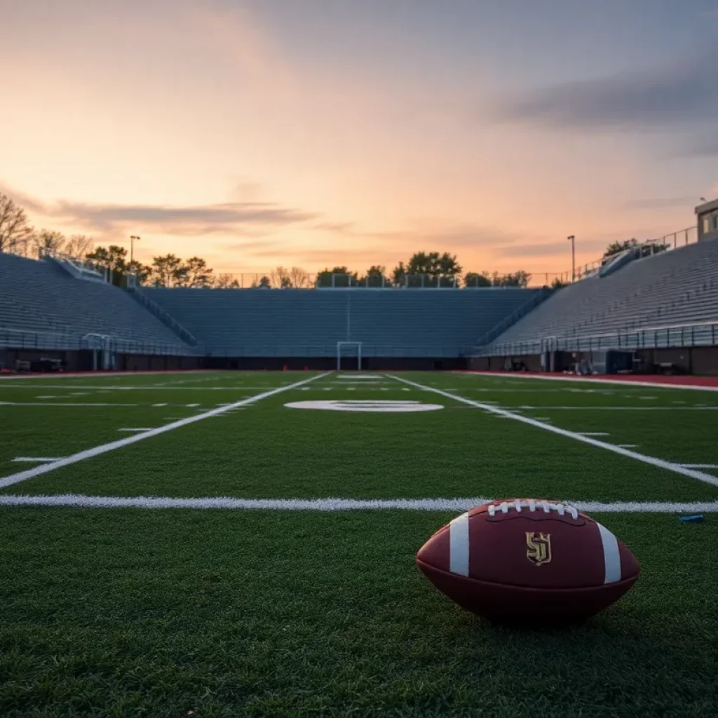 Empty football field with safety gear scattered around