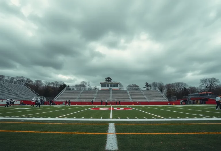Empty Highland High School football field symbolizing season suspension