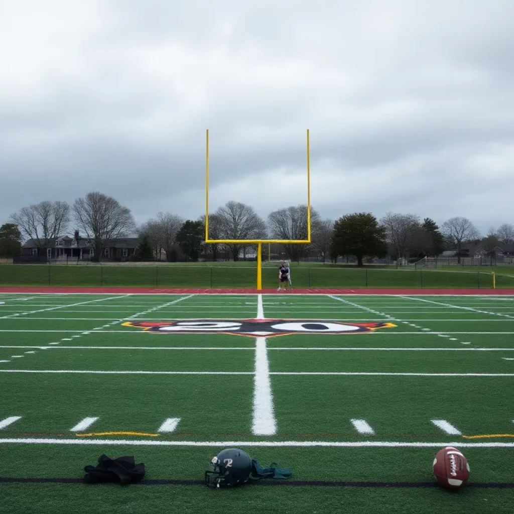 Empty high school football field representing pause in activities