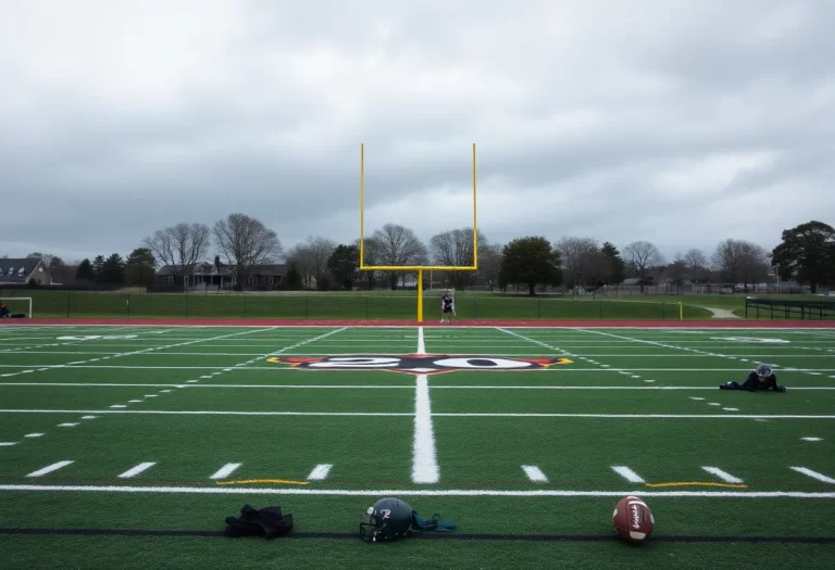 Empty high school football field representing pause in activities