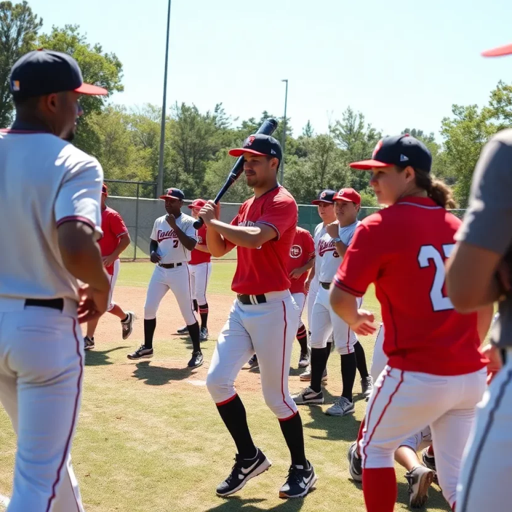 A diverse group of athletes practicing baseball on the field.