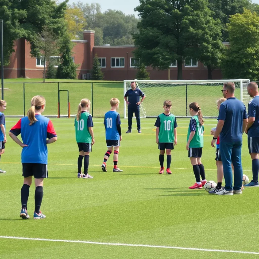 High school soccer practice focusing on safety protocols