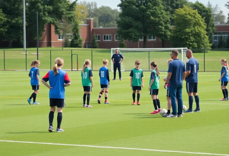 High school soccer practice focusing on safety protocols