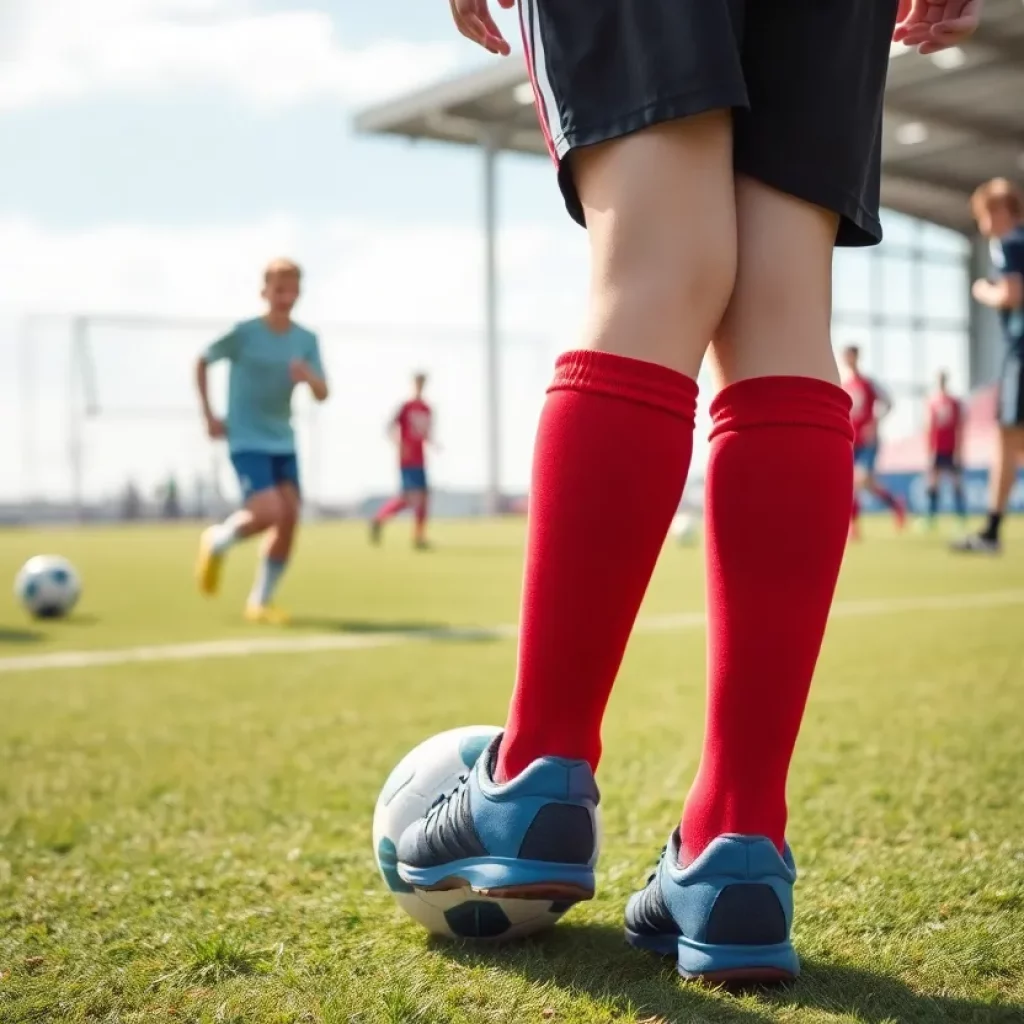Soccer players practicing with proper safety equipment