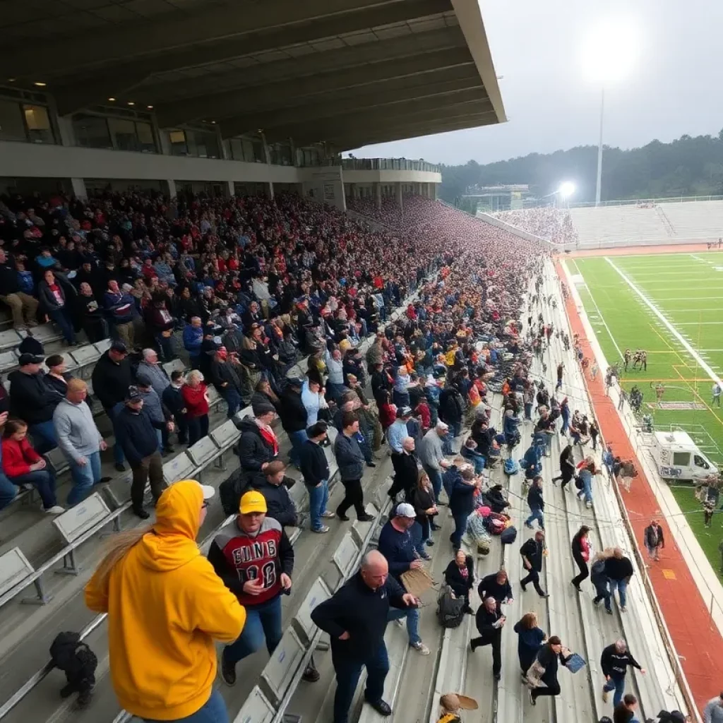 Crowd in a football stadium in chaos as fans rush to evacuate