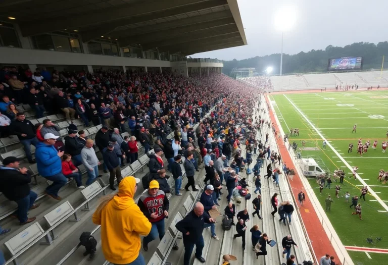 Crowd in a football stadium in chaos as fans rush to evacuate