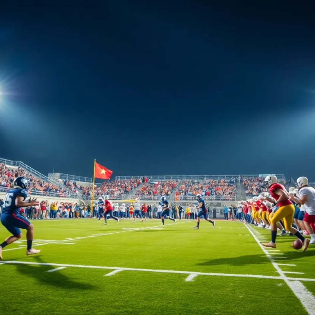 Players in a Houston high school football game with fans cheering in the background.