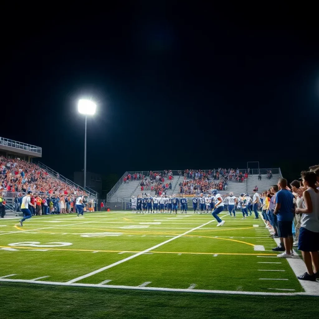 High school football players competing under stadium lights with cheering fans.