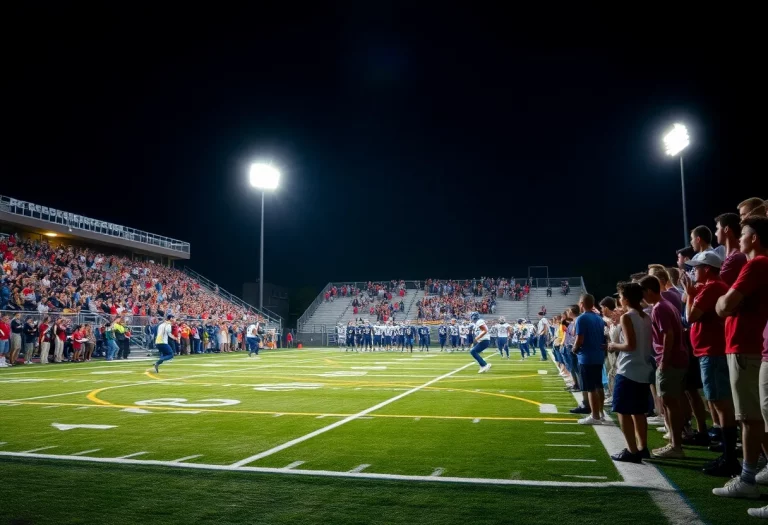 High school football players competing under stadium lights with cheering fans.