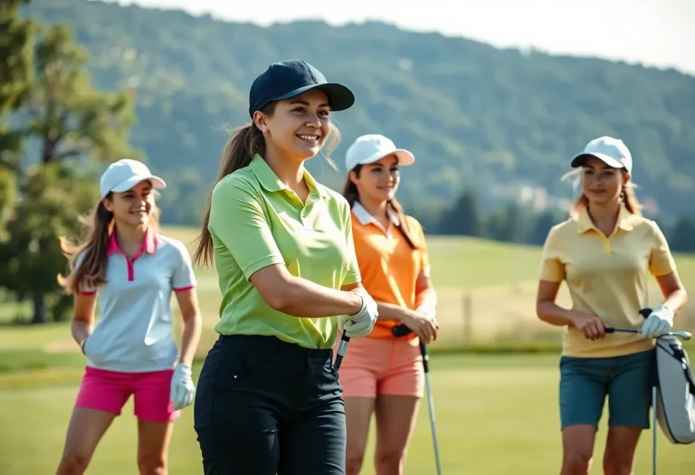 Young female golfers practicing on the course