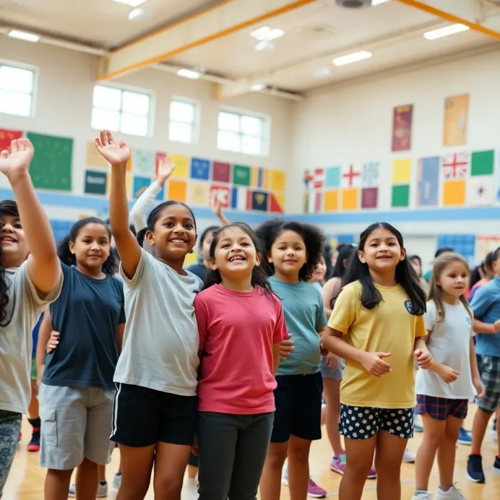 A diverse group of students engaged in sports activities in a school gym, showcasing teamwork and inclusivity.