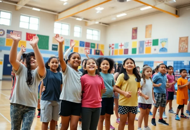 A diverse group of students engaged in sports activities in a school gym, showcasing teamwork and inclusivity.