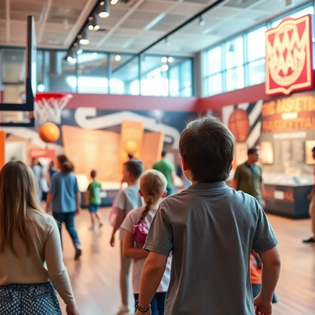 Interior view of Indiana Basketball Hall of Fame museum with visitors exploring exhibits