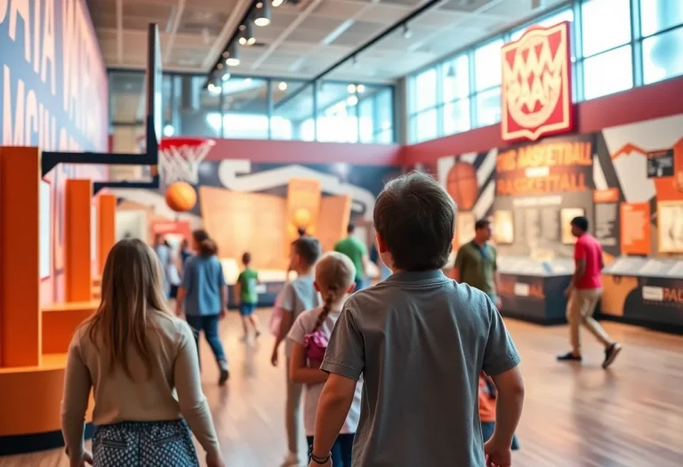 Interior view of Indiana Basketball Hall of Fame museum with visitors exploring exhibits