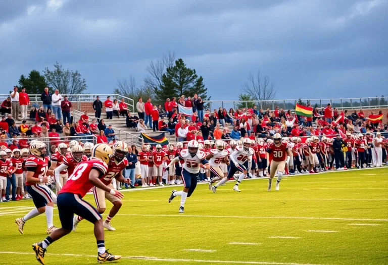 High School Football game with players in action and cheering fans