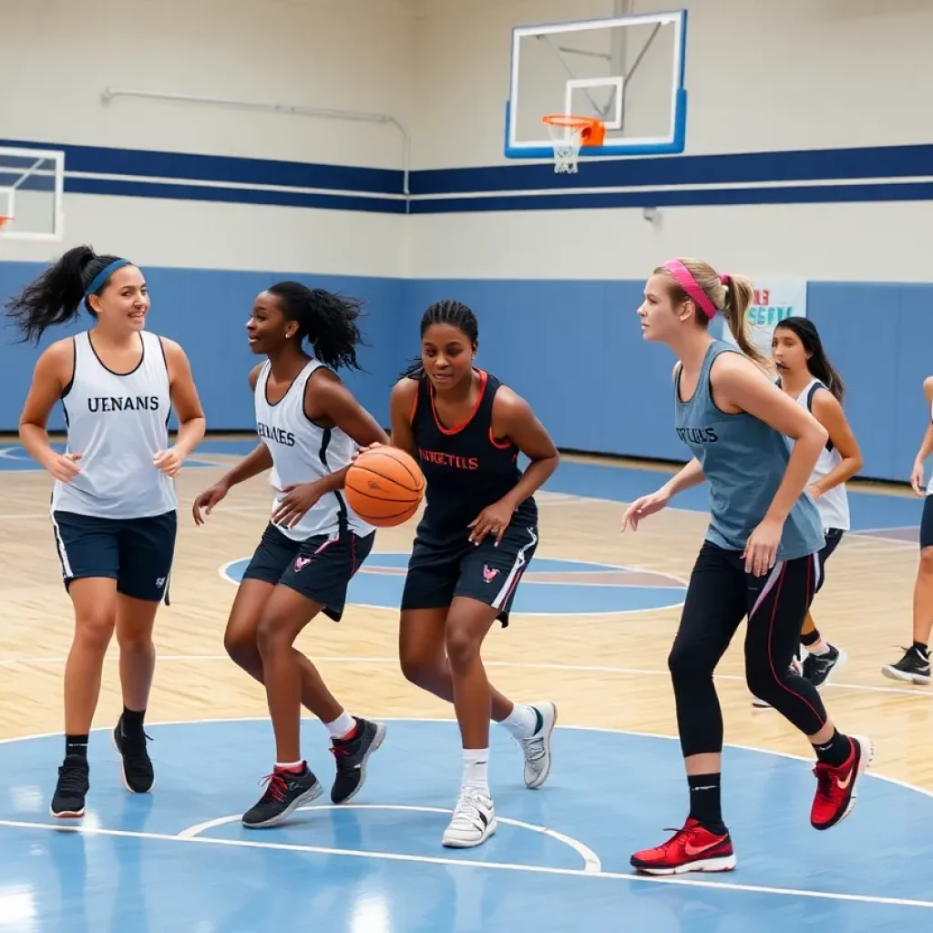 Female basketball players practicing on the court.