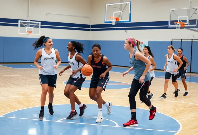 Female basketball players practicing on the court.