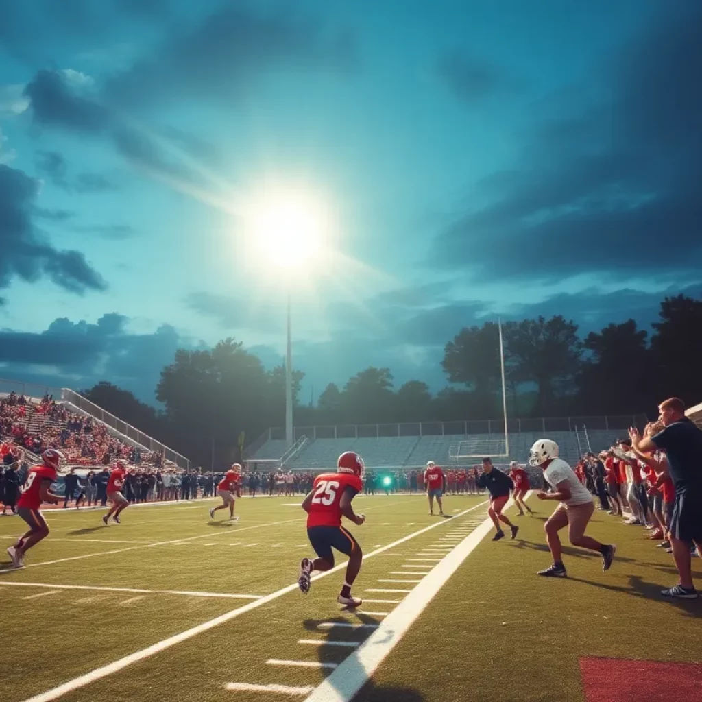 High school football players in action during a game in Indiana