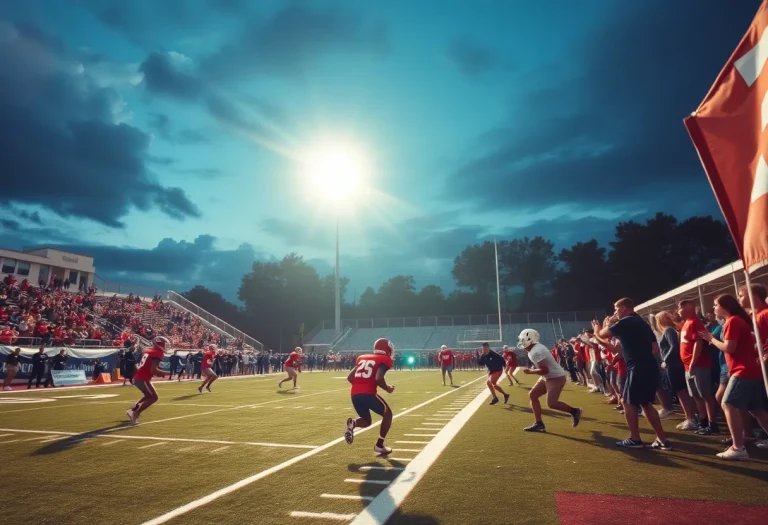 High school football players in action during a game in Indiana