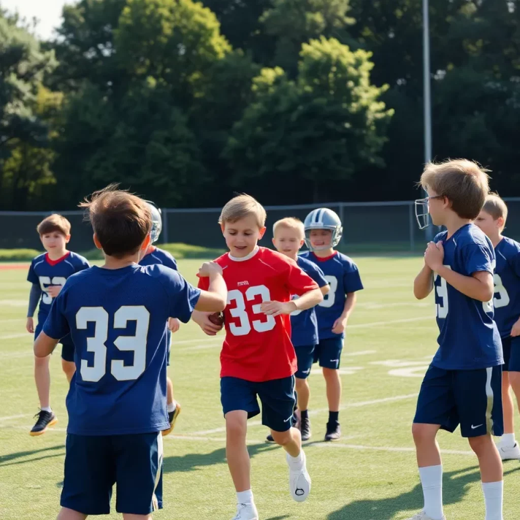 Young athletes displaying teamwork and support during football practice.