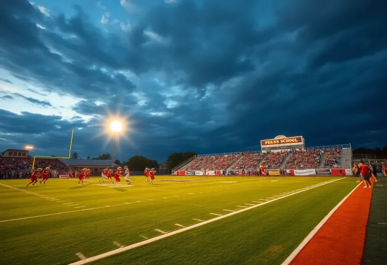 High school football game with players and cheering crowd