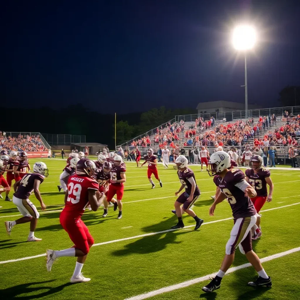 High school football players in action during a night game in Iowa