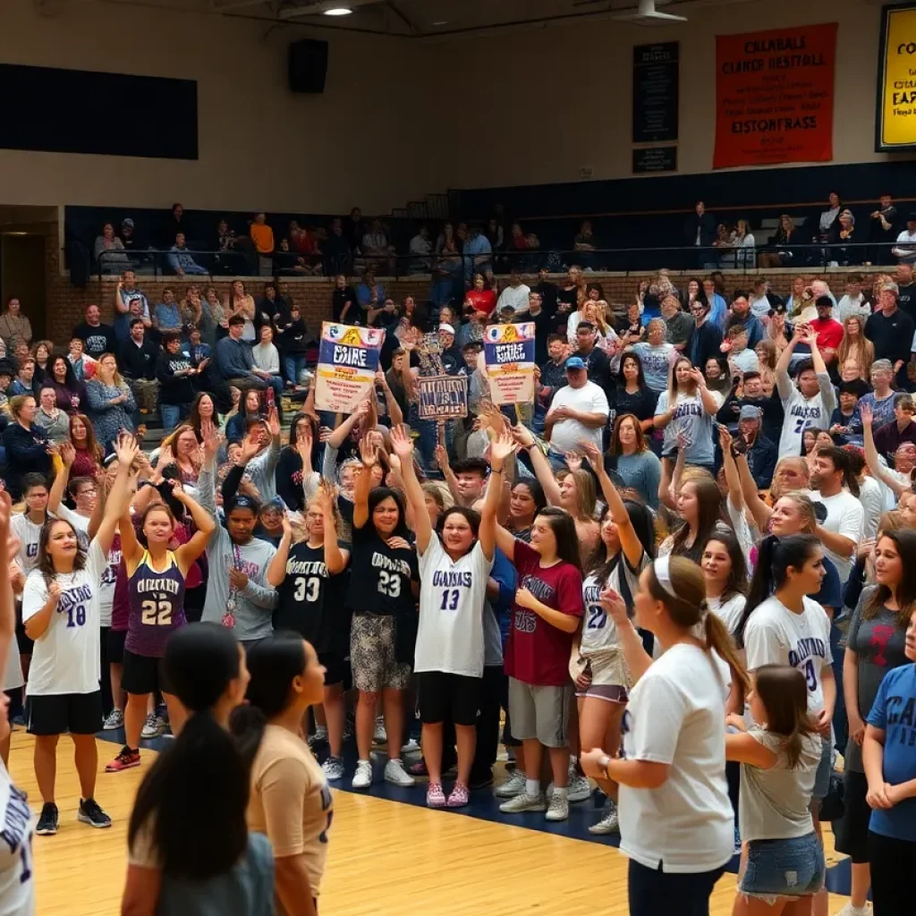 Fans celebrating high school girls basketball in a gym