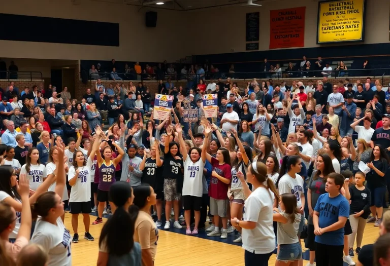 Fans celebrating high school girls basketball in a gym