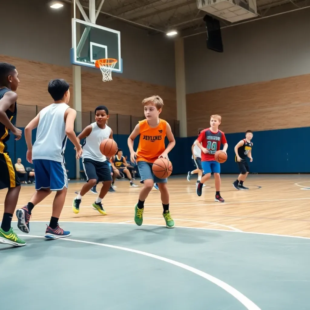 Young basketball players practicing teamwork on the court