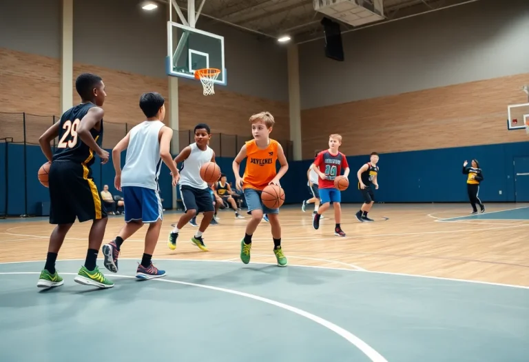 Young basketball players practicing teamwork on the court