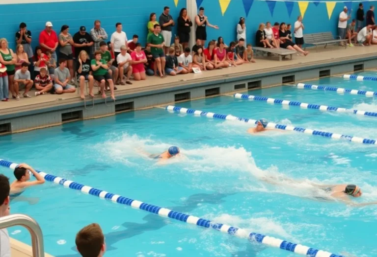 Swimmers competing at a Jamestown High School swim meet.